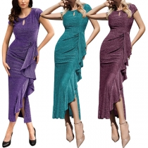 Elegant Bling-bling Round Neck Cap Sleeve Ruffled Slit Party Dress