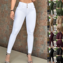 Fashion Solid Color Buttoned High-rise Skinny Pants