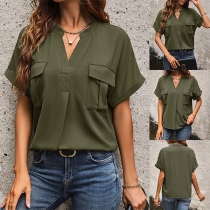 Casual Solid Color V-neck Short Sleeve Patch Chest Pocket Shirt