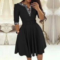 Fashion Rhinestone Spliced V-neck Elbow Sleeve Mini Dress with Belt