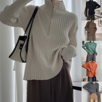 Fashion Lapel Half-zipper Long Sleeve Slit Ribbed Shirt