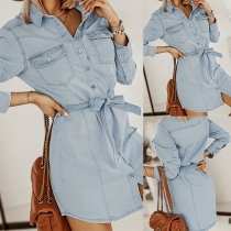 Fashion Stand Collar Buttoned Long Sleeve Self-tie Denim Shirt Dress