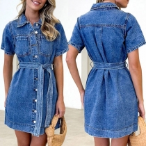 Fashion Old-washed Stand Collar Buttoned Self-tie Short Sleeve Denim Dress