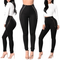 Fashion Mid-rise Side Lace-up Skinny Pants