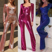 Sexy Bling-bling Sequin Sweetheart Neckline Long Sleeve Wide-leg Party Jumpsuit with belt