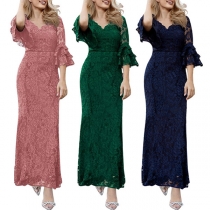 Fashion V-neck Ruffled Short Sleeve High-rise Lace Dress