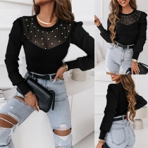 Fashion Beaded Gauze Spliced Round Neck Long Sleeve Shirt