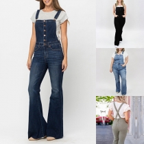 Fashion Old-washed Front Buttoned Wide-leg Denim Jumpsuit Suspender