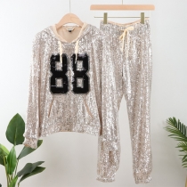 Fashion Sequined Two-piece Set Consist of Hooded Shirt and Drawstring Pants