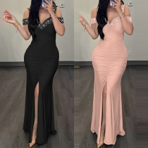 Sexy Elegant Rhinestone Open-shoulder V-neck Slit Maxi Party Dress