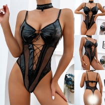 Sexy Lace-up Mesh-net Spliced Backless Lingerie Bodysuit
