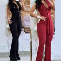 Fashion Stand Collar Buttoned V-neck Wide-leg Jumpsuit