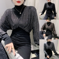 Fashion Sequined Mock Neck Batwing Sleeve Shirt