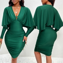 Elegant Plunge V-neck Ruffle Long Sleeve Bodycon Dress