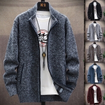 Fashion Plush Lined Stand Collar Long Sleeve Knitted Cardigan for Men