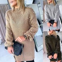 Fashion Beaded Round Neck Long Sleeve Knitted Sweater Dress