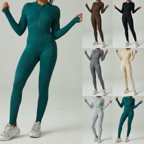 Fashion Solid Color Half-zipper Long Sleeve Seamless Slim-fit Jumpsuit for Workout