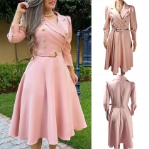Elegant Double-breasted Notch Lapel Long Sleeve Dress with Belt