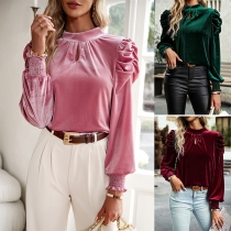 Elegant Solid Color Mock Neck Puff Long Sleeve Velvet Shirt