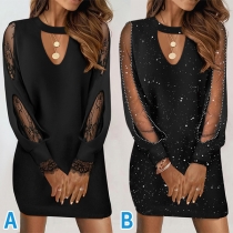 Fashion Lace Spliced/Gauze Spliced Front Cut Out Round Neck Long Sleeve Mini Dress