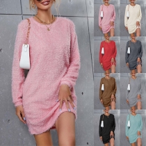 Fashion Solid Color Round Neck Long Sleeve Plush Dress