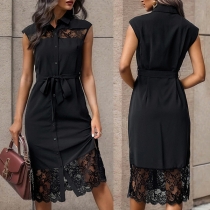 Elegant Lace Spliced Stand Collar Sleeveless Front Button Self-tie Dress