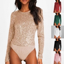 Sexy Sequined Round Neck Long Sleeve Draped Backless Bodysuit