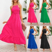 Elegant Solid Color Smocked Bodice Backless Midi Dress