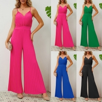 Fashion Solid Color V-neck Wide-leg Pleated Cami Jumpsuit