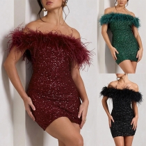 Sexy Plush Spliced Off-the-shoulder Sequined Party Dress