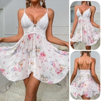 Sexy Lace Spliced Floral Printed V-neck Backless Nightwear Dress