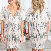 Bling-bling Sequined V-neck Short Sleeve Loose Mini Dress