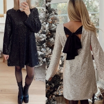 Fashion Round Neck Long Sleeve Backless Bowknot Sequined Mini Dress