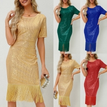 Fashion Bling-bling Sequin Round Neck short Sleeve Tassel Party Dress