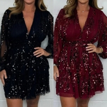 Sexy Sequin Tassel V-neck Long Sleeve Mini Party Dress