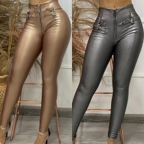 Fashion Bright Color High-rise Zipper Bucklet Skinny Pants