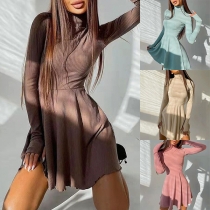 Casual Solid Color Mock Neck Long Sleeve Knitted Mini Dress