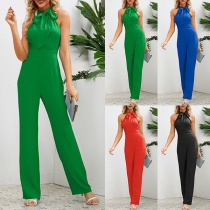 Fashion Solid Color Self-tie Mock Neck Sleeveless Straight-cut Jumpsuit