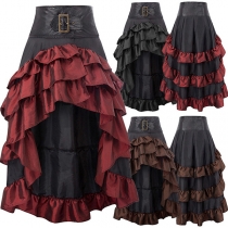 Vintage Contrast Color Buckle High-rise High-low Ruffle Tiered Skirt