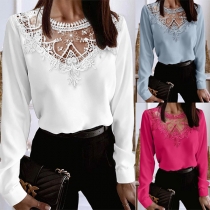 Sexy Lace Spliced Round Neck Long Sleeve Shirt