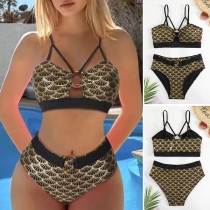 Sexy Gold Accents O-ring Cutout High-Waisted  Two-piece Bikini Set