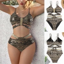 Sexy Gold Accents Cutout High-Waisted  Two-piece Bikini Set