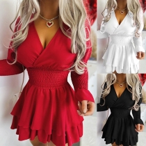 Fashion Solid Color Smocked Long Sleeve V-neck Cinch Waist Tiered Dress
