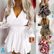 Fashion Lace Spliced/Floral Printed V-neck Long Sleeve Cinch Waist Tiered Dress