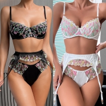 Sexy Floral Embroidery Three-piece Lingerie Set
