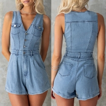Vintage Buttoned V-neck Sleeveless Patch Chest Pockets Old-washed Denim Romper