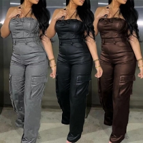 Sexy Street Fashion Strapless Side Patch Pockets Wide-leg Artificial Leather PU Jumpsuit