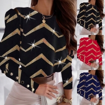 Fashion Round Neck Buttoned Long Sleeve Wave Printed Shirt