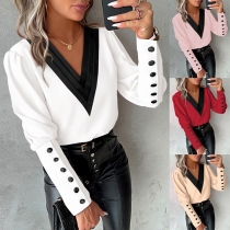 Fashion Contrast Color V-neck Buttoned Long Sleeve Shirt