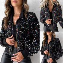 Fashion Bling-bling Sequined Stand Collar Long Sleeve Crop Jacket